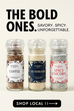 Load image into Gallery viewer, Promotional image of Summa Salts' “The Bold Ones” trio featuring Coffee, Mushroom, and Spicy Unicorn salts with bold black text reading “Savory. Spicy. Unforgettable.” above the jars.