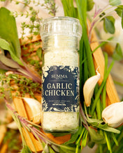 Load image into Gallery viewer, Garlic Chicken Salt in glass grinder – herb seasoning with garlic, thyme, and sage