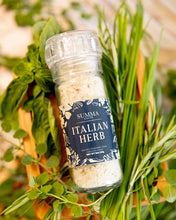 Load image into Gallery viewer, Italian Herb Salt Grinder – Sea salt with rosemary, basil, oregano, and chive in a glass grinder bottle