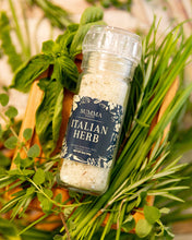 Load image into Gallery viewer, Ingredients for Italian Herb Salt including rosemary, basil, oregano, chive, and flaky sea salt, styled in a kitchen flat lay