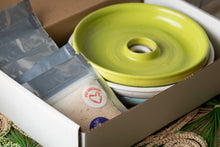 Load image into Gallery viewer, Lime green ceramic cocktail rimmer dish packaged in a ready-to-gift box with craft cocktail salts