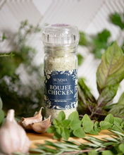 Load image into Gallery viewer, Boujee Chicken Salt in glass grinder – herb seasoning with purple sage, tarragon, and lavender oregano