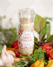 Load image into Gallery viewer, Spicy Italian Herb Salt Grinder by Summa Salts with garlic, basil, and chili flakes in a clear bottle