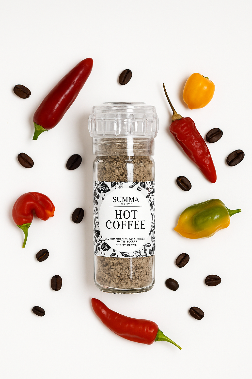 Hot Coffee Salt grinder made with espresso and superhot peppers by Summa Salts