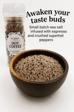 Load image into Gallery viewer, Bowl of Hot Coffee Salt with Summa Salts grinder in background, featuring espresso and pepper flake texture
