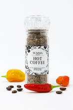 Load image into Gallery viewer, Summa Salts Hot Coffee Salt flat lay with whole peppers and roasted espresso beans
